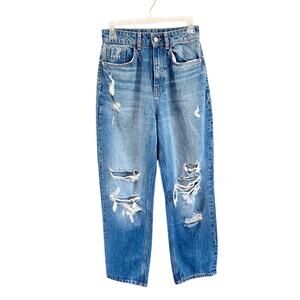 Zara High Rise Straight Leg Ripped Jeans Size 4 100% Cotton Mom Fit Cropped